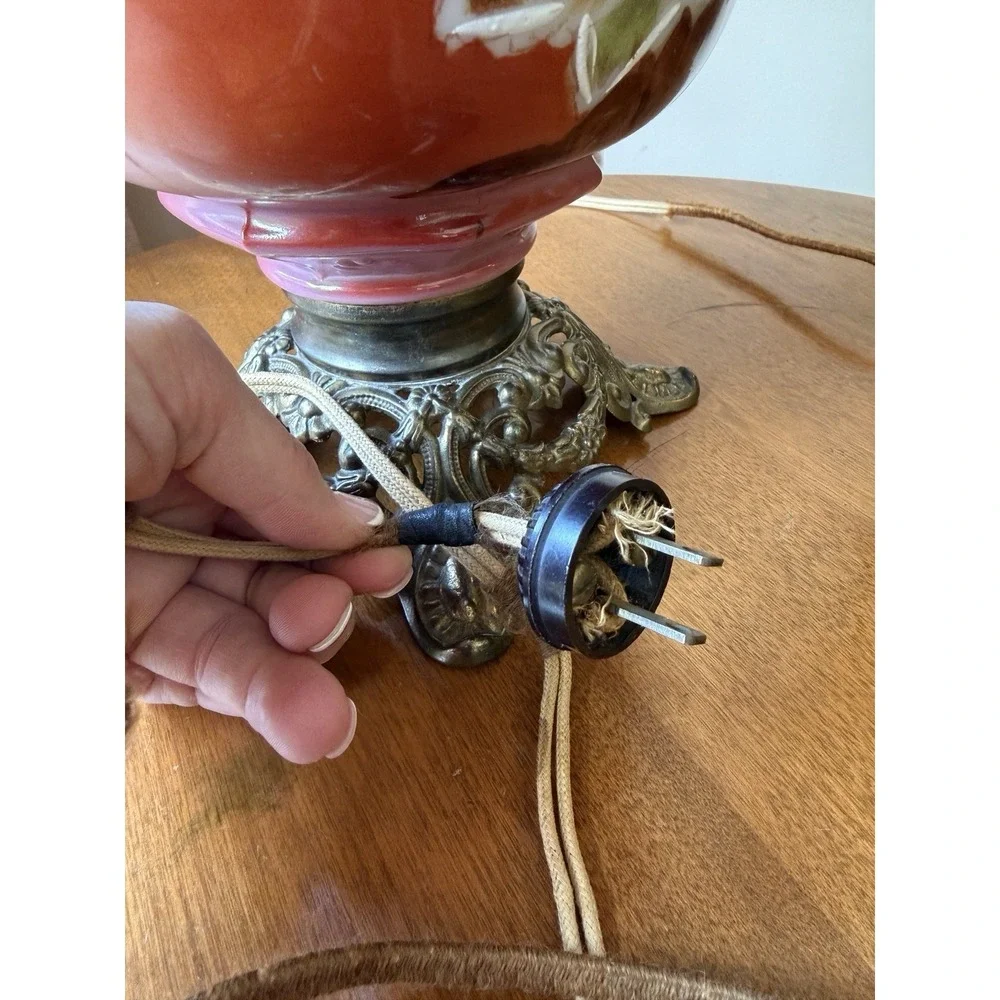 Antique GONE WITH THE WIND Lamp Electrified Oil Lamp Painted ROSES 24